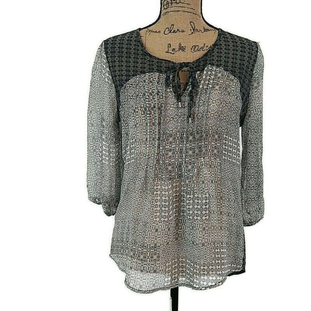 💥5/$25 Antilia Femme S Top Sheer Black Geometric Tie Keyhole 3/4 Slv Scoop Neck
